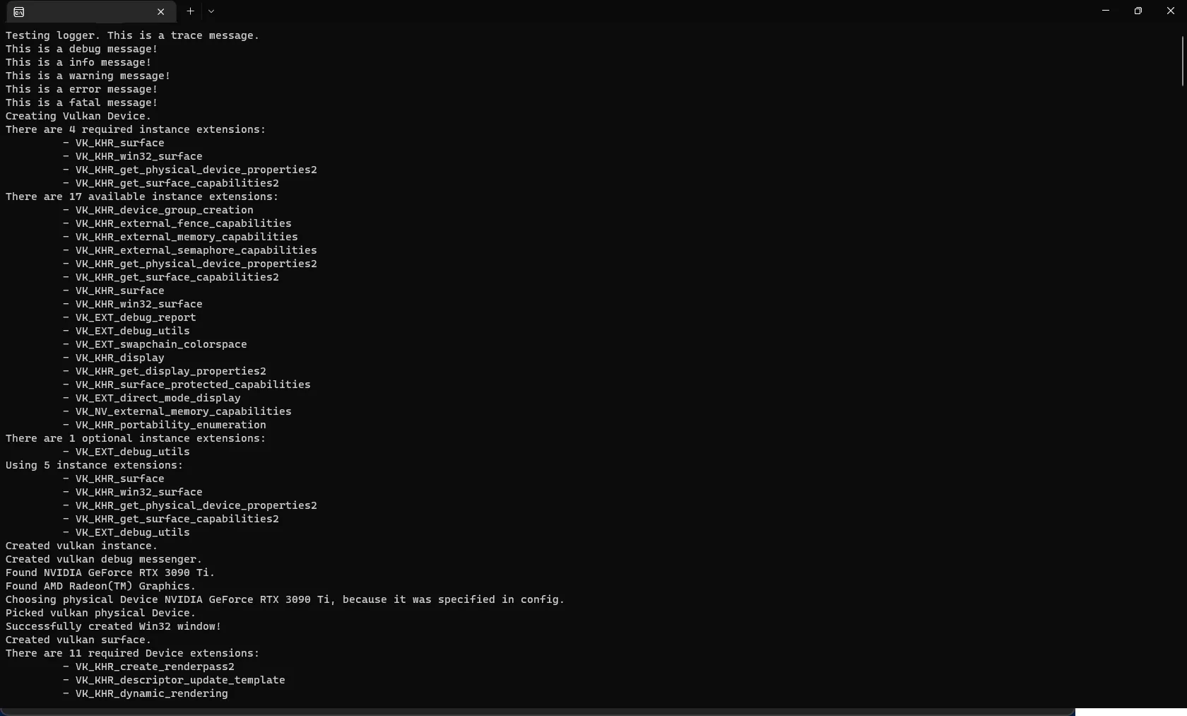 A console window with white log output. It's missing crucial information like severity, file, line and
function.