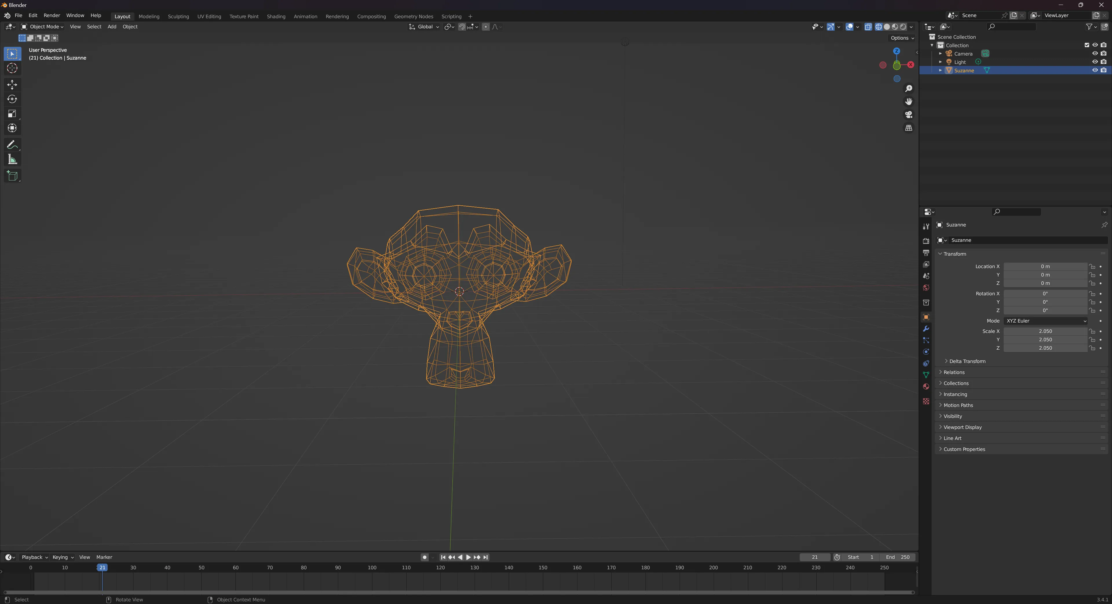 A wire-frame display of a monkey model in the 3D modeling software blender.