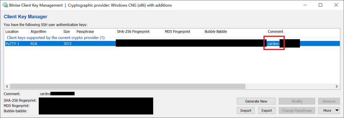 In the Bitvise SSH Client, the key shows up.
